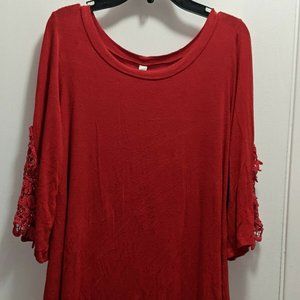 Women's Red Blouse by Emerald with Crochet Sleeve Accents